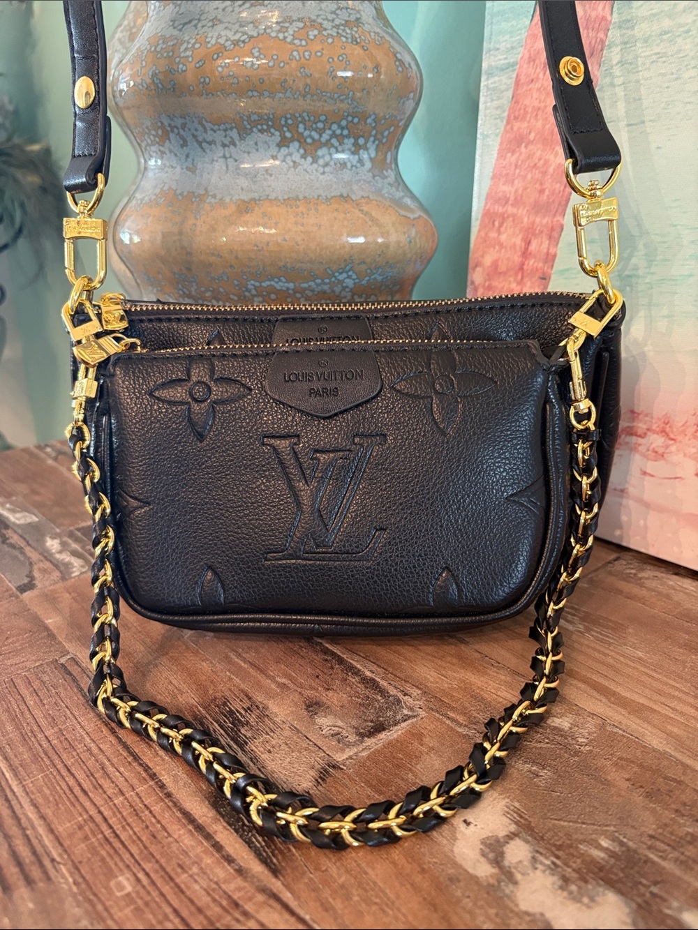 Louis Vuitton Black Embossed Leather Crossbody with Gold Chain like New